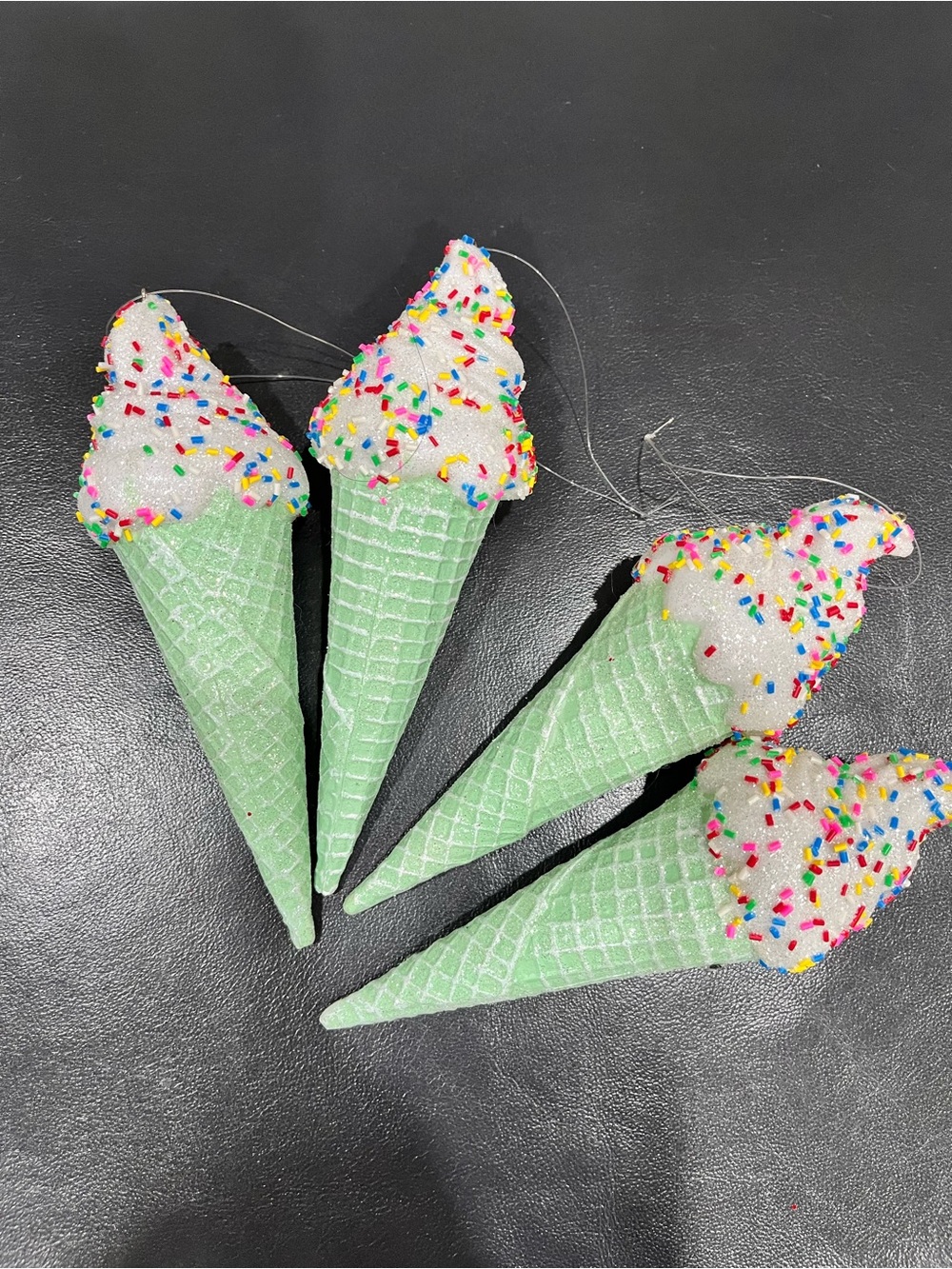 4 Pastel Mint GREEN ICE CREAM CONE DESSERT FOOD SWEET Christmas Ornaments